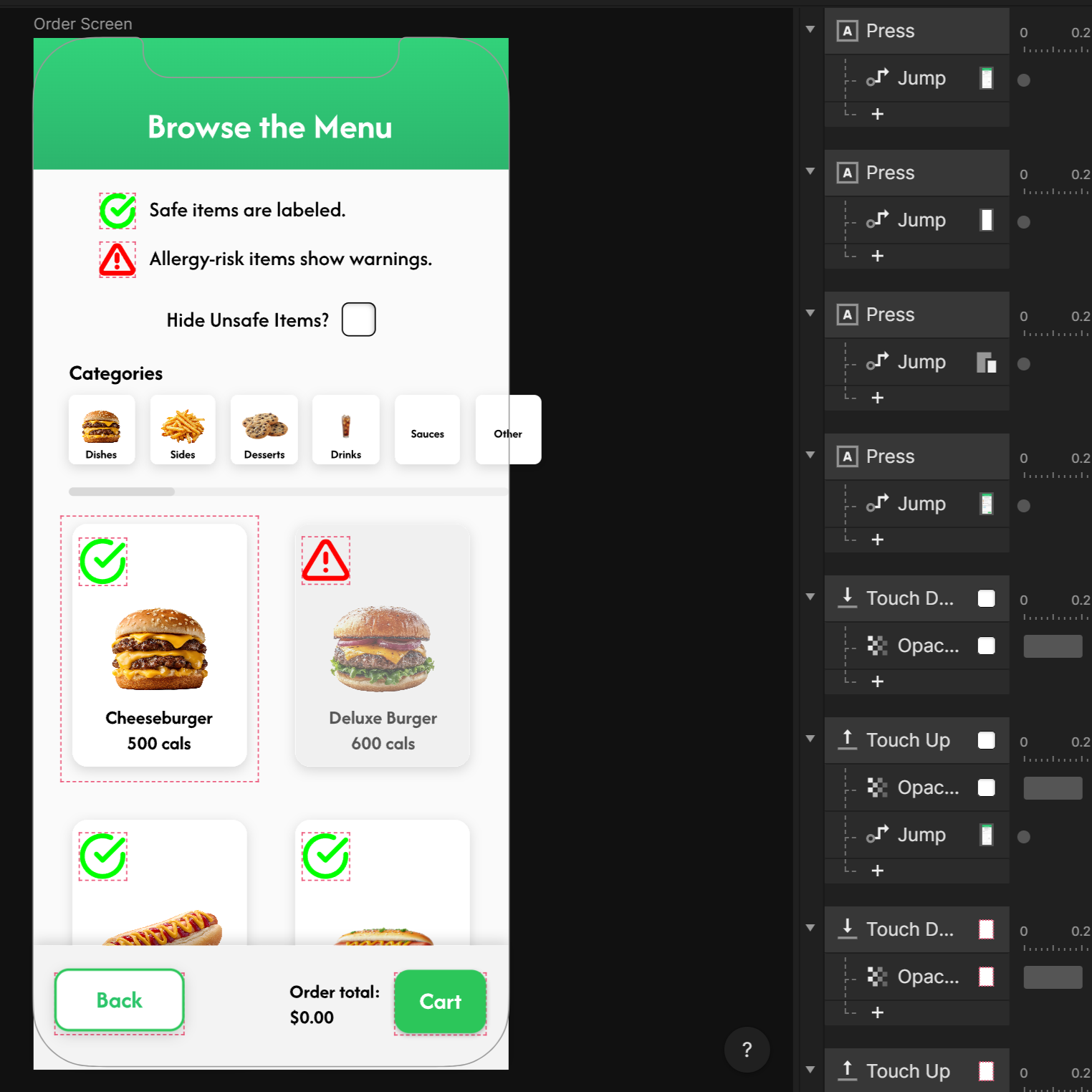This is the menu screen, where the user would choose their food and customize their order further if needed. Here the user can see the warning symbols for unsafe options, as well as the filter button to remove those unsafe options from the menu. The interactions on this screen allow the user to go back to the previous screen, proceed to the next screen, as well as select a food item to add to their order, which leads to a customize screen to then complete and add to their cart. This screen has more interactions than the previous screens, allowing for a better understanding of how the user would interact with the kiosk system. Also being a drastic improvement from the last project, as where those screens were empty and less interactive, this really pushed the project into a more complete prototype, and feel more like a real system in some areas.