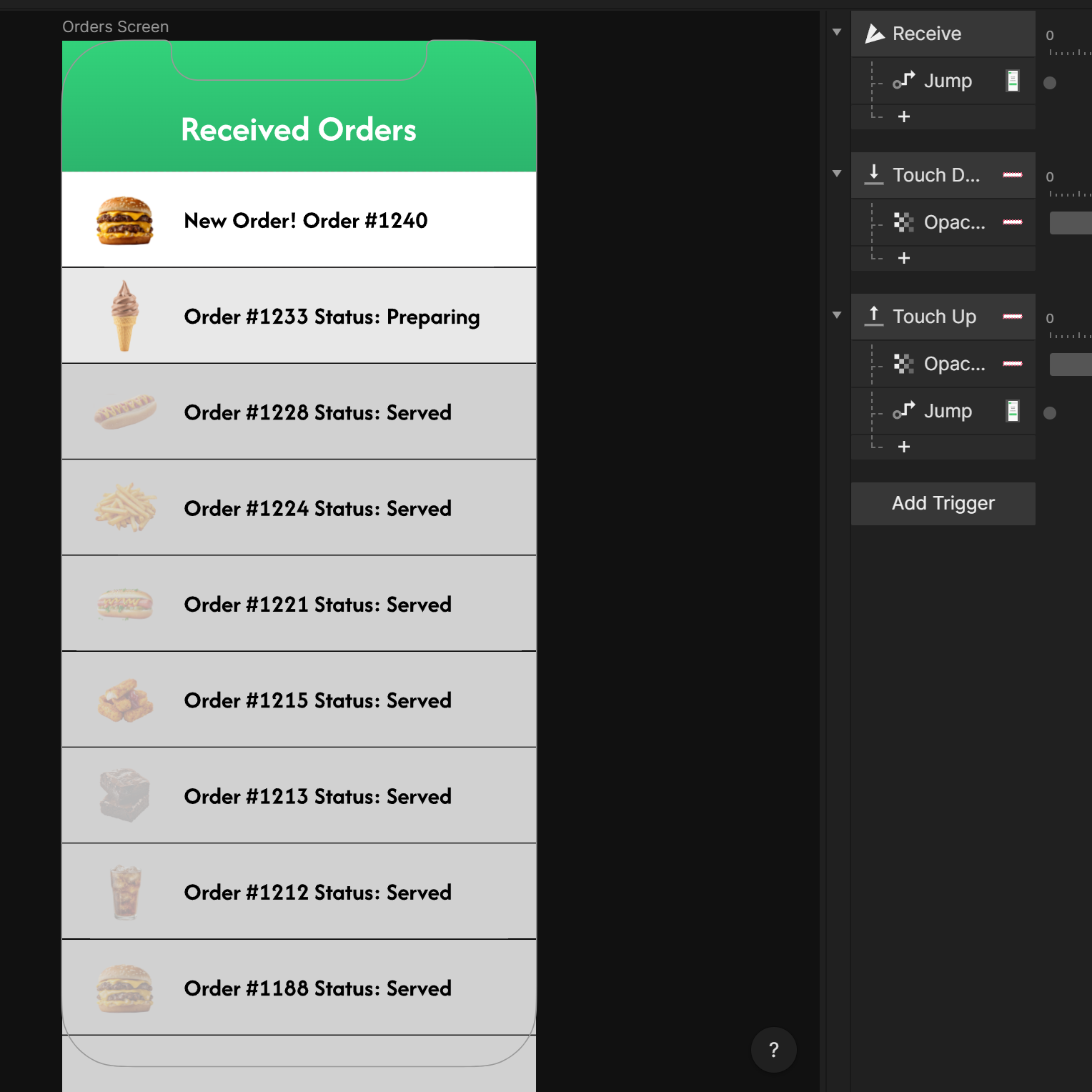 This is the receive orders screen, here the staff would be able to click on orders, though they can only click on the newest one for the sake of the prototype and providing a better understanding of the flow, rather than creating a whole database of orders. When the customer sends their order to the kitchen, the pop up for a new order received would appear and have the button for the staff to continue that order, confirming the customers order and moving forward both processes. So in ProtoPie, the customer clicking the send order button would actually send a request and the pop up/screen would appear, allowing for a real interaction between the two kiosks for the project 3 prototype.