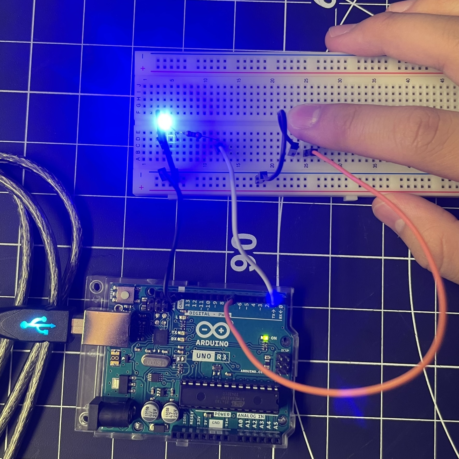 This Arduino circuit now has a button that can activate the light rather than it just automatically being on or in a blinking state, the button allows the circuit to be activated physically rather than it just being stuck in that state, adding an activation element into the circuit combination.