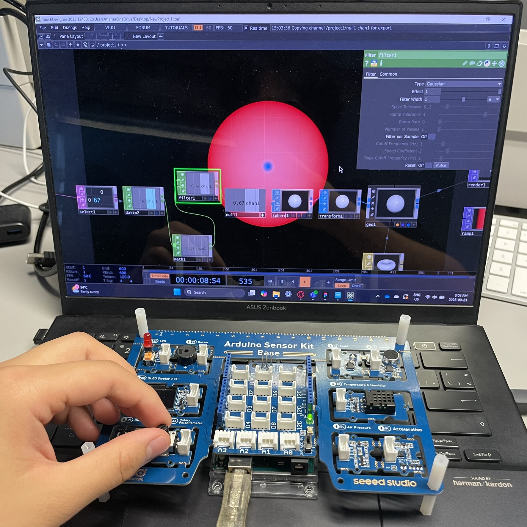 This is an image of us using the Arduino Sensor board with the final product of the circle function we created in Touch Designer, the board was able to work successfully with the newly created circle, going through the process to see the result of the function working with the physical Arduino board.