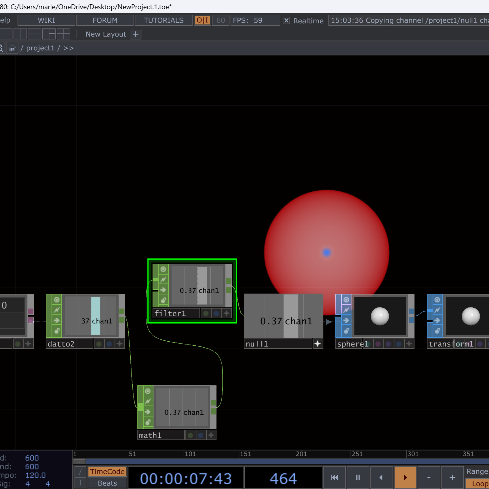 This is a screenshot of the final result for the circle function, seeing all the elements needed to be added, all the small details we needed to add. It was quite confusing to learn the beginnings of Touch Designer, but it was a cool process to see, helping us understand the tool that Touch Designer is and how it can be used.
